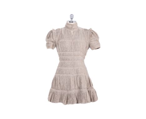 A FENDI BEIGE TIERED DRESS Comprising a tiered design with ruched details, intentional distressing throughout, flounced sleev