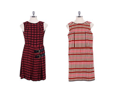 A MARNI MAROON BELTED DRESS AND A POLKADOT SLEEVELESS DRESS Comprising a plaid print sleeveless dress with black leather belt