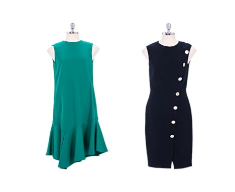 TWO CAROLINA HERRERA SLEEVELESS DRESSES Comprising an emerald green sleeveless shift dress with asymmetric design, button clo