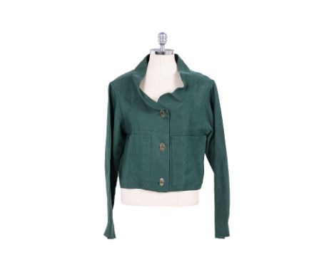 A MARNI GREEN LINEN JACKET Comprising a green linen jacket with stand collar, dual patch pockets and turn-lock closure at fro