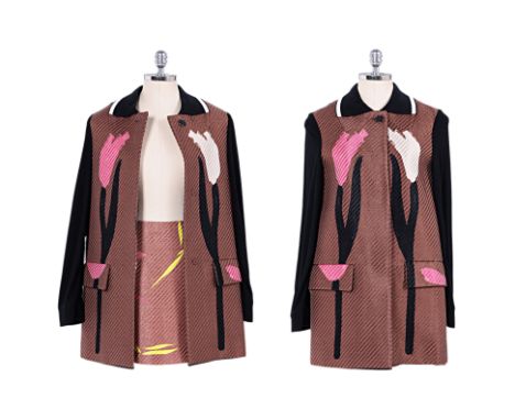 A MARNI FLORAL JACQUARD COAT AND SKIRT SET Comprising a long floral coat with black contrast collar, sleeves and back, button