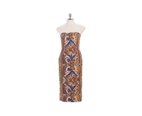 A DOLCE &amp; GABBANA MOSAIC PRINT DRESS Comprising a mosaic print crepe dress with padded underwire cups and concealed zip c