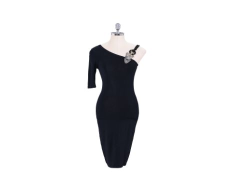 A CHRISTIAN DIOR BRAIDED STRAP DRESS Comprising a black jersey dress with a fitted silhouette, and a single sleeve with an em