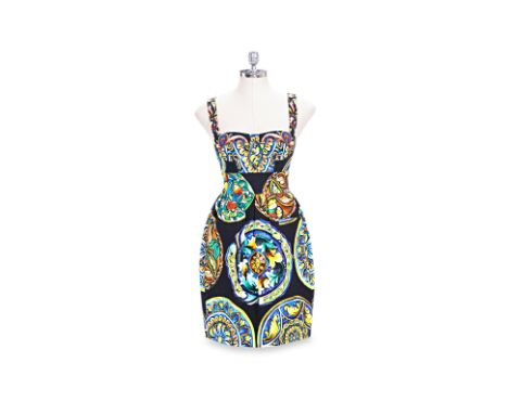 A DOLCE &amp; GABBANA SICILIAN CERAMIC PRINT BUSTIER DRESS Comprising a multi-colored bustier dress in Sicilian ceramic-print