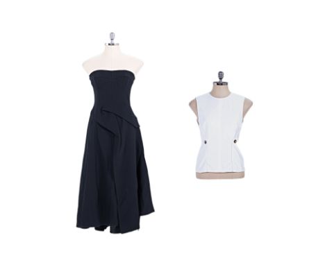 A VICTORIA BECKHAM MIDI DRESS AND BLOUSE Comprising a black strapless dress with asymmetric pleat detailing, fluted skirt and