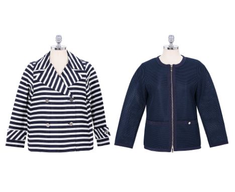 TWO CAROLINA HERRERA JACKETS Comprising a navy striped peacoat with silver-tone buttons, two external pockets, and a navy col