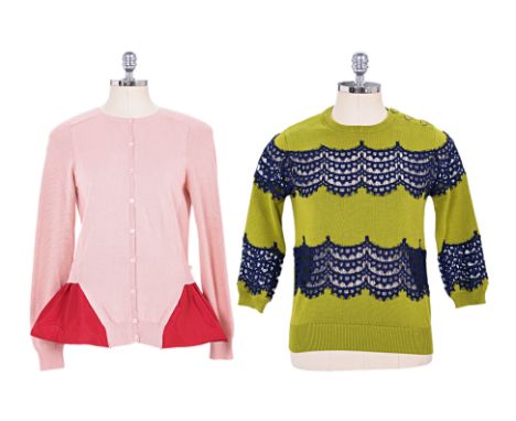 A CARVEN KNIT CARDIGAN AND SWEATER Comprising a pink knit cardigan with red peplum detailing at hem, button fastening at fron