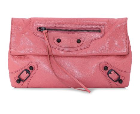 A BALENCIAGA MOTOCROSS CLASSIC ENVELOPE CLUTCH IN PINK Comprising of leather in pink with gunmetal hardware, canvas lining an