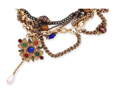 A DOLCE &amp; GABBANA CRUCIFIX WITH MULTI-STONES NECKLACE Comprising multi strand chains with glass crystals, resin beads, ma