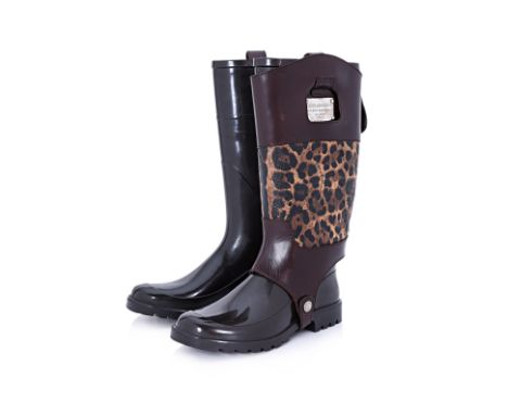A DOLCE &amp; GABBANA LEOPARD PRINT BOOTS WITH REMOVABLE SPATS Comprising dark brown rubber boots lined with fabric, accompan
