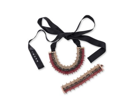A MARNI EMBELLISHED NECKLACE AND BRACELET SET Comprising of multi colored crystals set on a gold-tone neckpiece with black ri