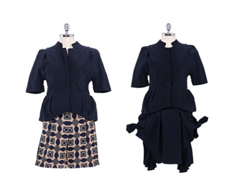 A MARNI SHORT SLEEVE JACKET AND SHORTS SET WITH NAVY SKIRT Comprising a thick navy short sleeve jacket with front concealed b