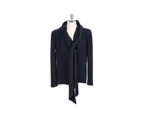 AN ISSEY MIYAKE PLEATED SHAWL JACKET Comprising a stretchy knit material with vertical pleats, attached scarf, two exterior p