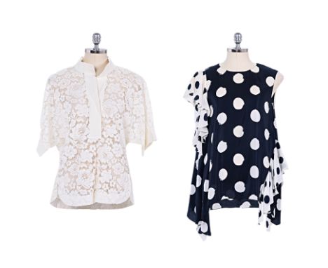 A CH CAROLINA HERRERA LACE COLLARED SHIRT AND PRINTED BLOUSE Comprising a white floral lace pattern with drop shoulders, gros