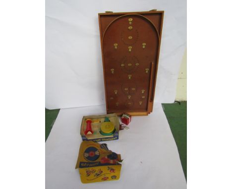 A vintage Selcol Kid-E-Phone child's record player, boxed Progress Gyroscope, bagetelle and two lead farm animals 