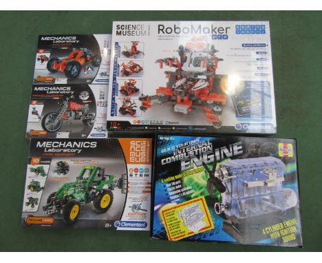 Five unopened educational construction toys including Clemontoni Robo Maker Pro, Mechanics Laboratory Farm Equipment, Haynes 