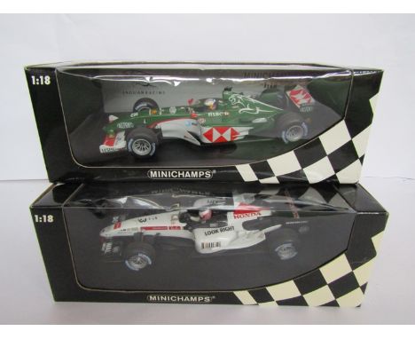 Two boxed Minichamps diecast 1:18 scale Formula One cars to include Christian Klien Jaguar Racing Showcar and Jenson Button B