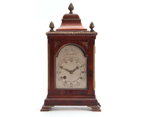 ROBERT MURRAY, WOOLWICH. A 19th CENTURY MINIATURE ENGLISH FUSEE BRACKET CLOCK the mahogany bell top pediment above a brass ga