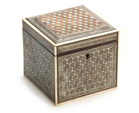 A LATE 19TH CENTURY ANGLO INDIAN MICRO MOSAIC MOTHER OF PEARL, IVORY, EBONY AND SANDALWOOD TEA CADDY with chamfered hinged to