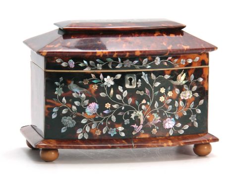 A GOOD LATE REGENCY TORTOISESHELL AND MOTHER F PEARL INLAID BOWFRONT TEA CADDY with flower spray panel to the lid and matchin