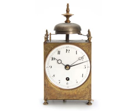 AN EARLY 19th CENTURY FRENCH CAPUCINE CLOCK WITH ALARM the case of typical form surmounted by an urn finial and two steel bel