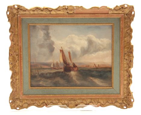 A 19th CENTURY OIL ON PANEL. Seascape with fishing boats on a rough sea 20cm high, 26cm wide - mounted in a decorative gilt f