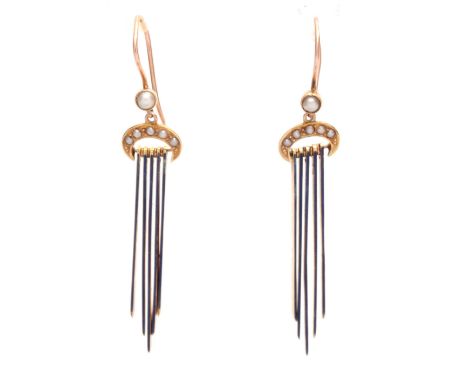 A PAIR OF 15CT GOLD ENAMEL AND PEARL TASSLE EARRINGS - tested 15ct gold 4cm high overall.