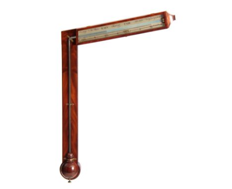 L. BELLATTI GRANTHAM. A RARE LATE GEORGIAN FIGURED MAHOGANY SIGNPOST / ANGLE BAROMETER with moulded edge frame and hinged gla