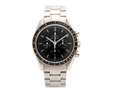 A GENTLEMAN'S OMEGA SPEEDMASTER MOON WATCH on a steel bracelet with black dial having chronograph layout and black tachymeter