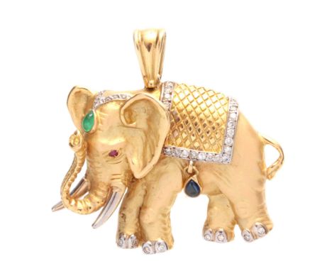 AN 18CT GOLD DIAMOND, EMERALD AND RUBY INLAID PENDANT modelled as an Elephant - tested 18ct gold  grams, 40mm wide.  