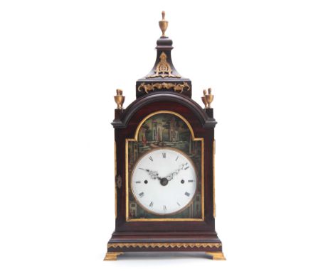 A RARE LATE 18th CENTURY CHINESE BRACKET CLOCK having a hardwood pagoda top case with ormolu mounts enclosing a 7" porcelain 