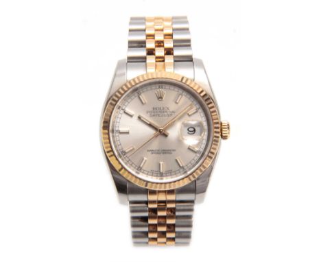A GENTLEMAN'S BIMETAL ROLEX DATEJUST WRISTWATCH the oyster case with fixed fluted bezel enclosing a silvered dial with white 