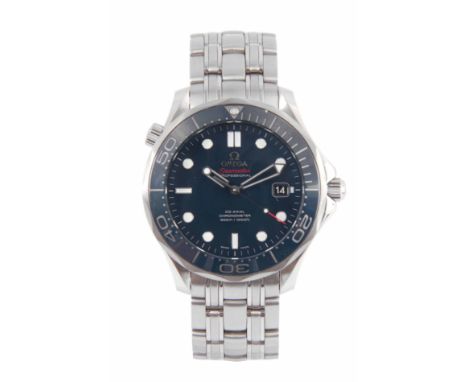 A GENTLEMAN'S STEEL OMEGA SEAMASTER DIVERS WATCH on original steel bracelet, the watch has a helium release valve, blue ceram