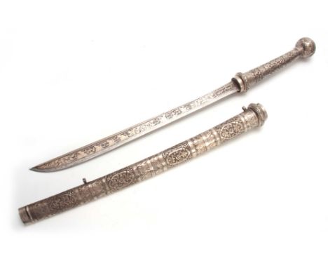 AN IMPRESSIVE 19TH CENTURY INDIAN SILVER PRESENTATION SWORD WITH SECTIONAL SCABBARD the tapering handle with large pommel and