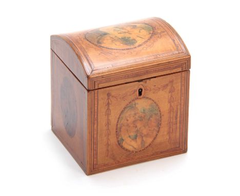 A GEORGE III DOME TOPPED INLAID SATINWOOD TEA CADDY with oval panels having painted classical scenes and yew wood sides, cros