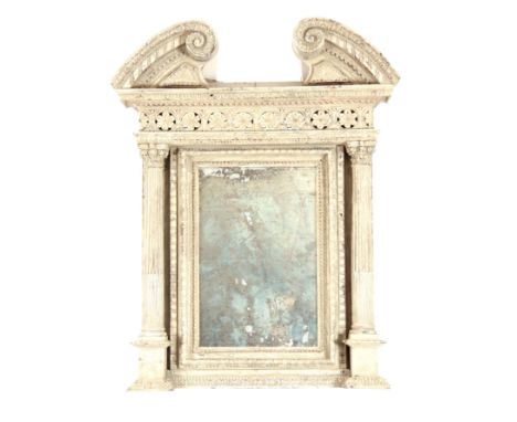 A GEORGE III CARVED PAINTED PINE HANGING MIRROR IN THE MANER OF FRANCIS AND JOHN BOOKER OF DUBLIN of architectural design hav