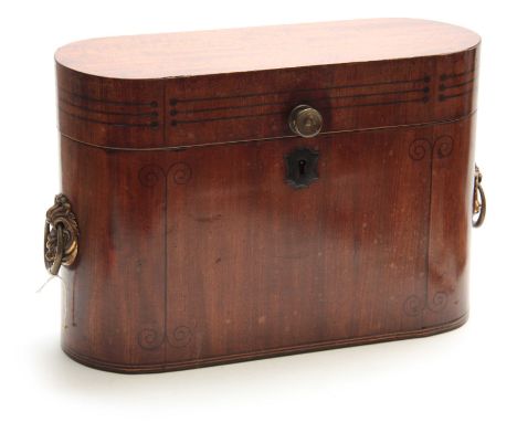 A REGENCY EBONY INLAID MAHOGANY TABLE TOP DECANTER BOX with rounded sides and hinged top revealing three spaces for bottles; 