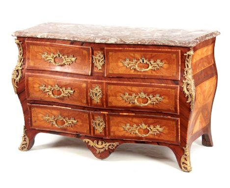 AN 18TH CENTURY FRENCH LOUIS XV ORMOLU MOUNTED KINGWOOD AND MARQUETRY BOMBE SHAPED SERPENTINE THREE DRAWER COMMODE with mould