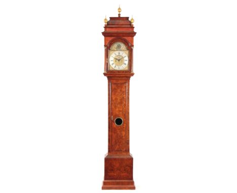 JOHN MAY, LONDON A GEORGE I BURR WALNUT LONGCASE CLOCK having a caddy top above pierced sound frets and glazed door flanked b