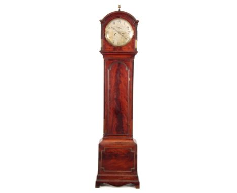 JAMES JACKSON, ROMFORD A REGENCY FIGURED MAHOGANY LONGCASE CLOCK the hood with break arched pediment above a locking brass be