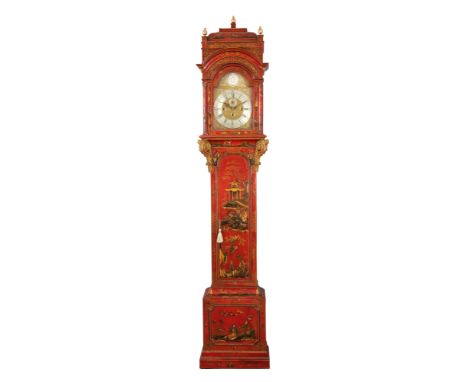 THOMAS WATKIN, LONDINI FECIT A GEORGE I STYLE RED LACQUERED QUARTER CHIMING LONGCASE CLOCK the caddy top pediment above an ar