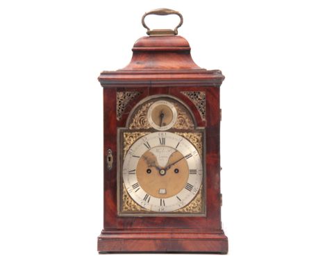RIEDER &amp; CO, LONDON A GEORGE III FIGURED MAHOGANY BRACKET CLOCK the bell top pediment above a glazed door with brass pier