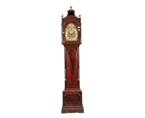 THOMAS WAGSTAFF, LONDON A GEORGE III FLAMED MAHOGANY THREE TRAIN LONGCASE CLOCK the 12" arched brass dial with Chinese Rococo