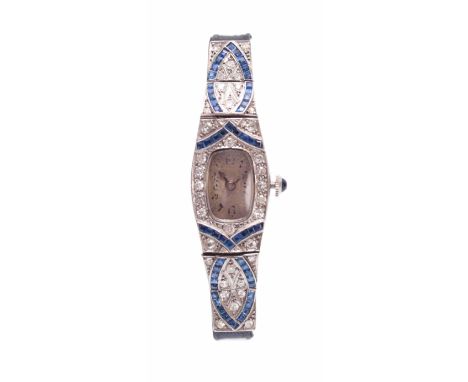 A. LECOULTRE A STYLISH ART DECCO SWISS PRECIOUS WHITE METAL LADIES DIAMOND AND SAPHIRE SET COCKTAIL WATCH with jewelled sprin