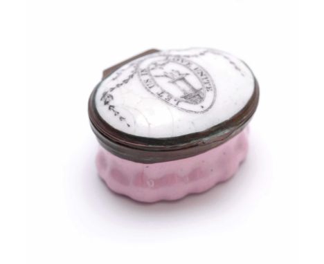 A GEORGE III SOUTH STAFFORDSHIRE SMALL OVAL PATCH BOX the pink moulded waisted body with an inner mirrored decorated lid insc