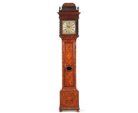 SAMUEL LA FOSSE, LONDON AN EARLY 18th CENTURY WALNUT MARQUETRY LONGCASE CLOCK the Dutch style case with caddy top above pierc