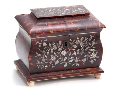 AN EARLY 19TH CENTURY MOTHER OF PEARL INLAID TORTOISESHELL PAGODA SHAPED TEA CADDY decorated with floral work decoration havi