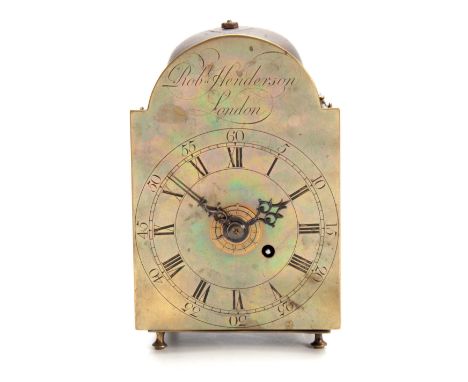 ROBERT HENDERSON, LONDON A RARE GEORGE III VERGE FUSEE TRAVELLING ALARM CLOCK having a 4.5" brass arched dial with engraved c