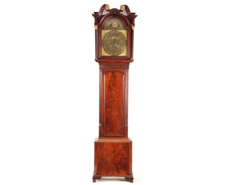 J. PERSALL, MANCHESTER AN UNUSUAL GEORGE III FIGURED MAHOGANY LONGCASE CLOCK having a swan neck pediment with pierced fretwor