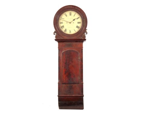 T. MORELAND, CHESTER A MID 19th CENTURY FIGURED MAHOGANY WALL CLOCK the case with moulded bezel and carved ears on canted tru